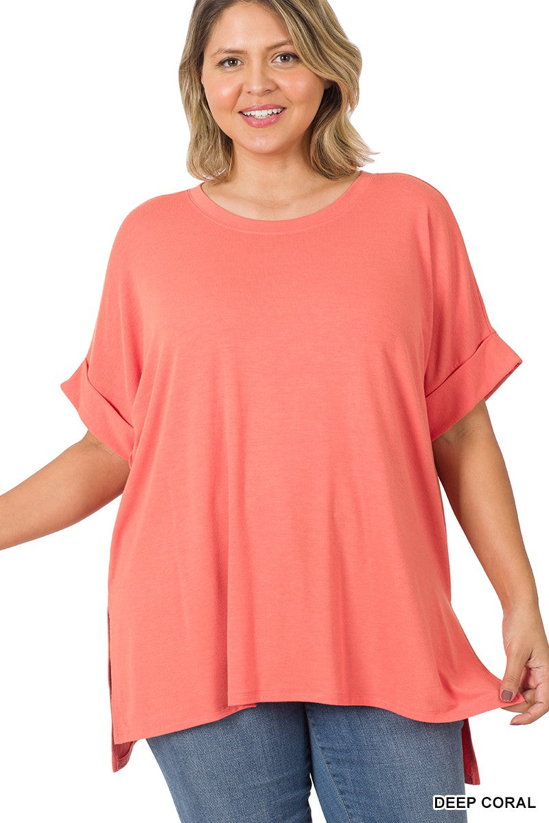 Rolled High Low Sleeve Short Sleeve Top