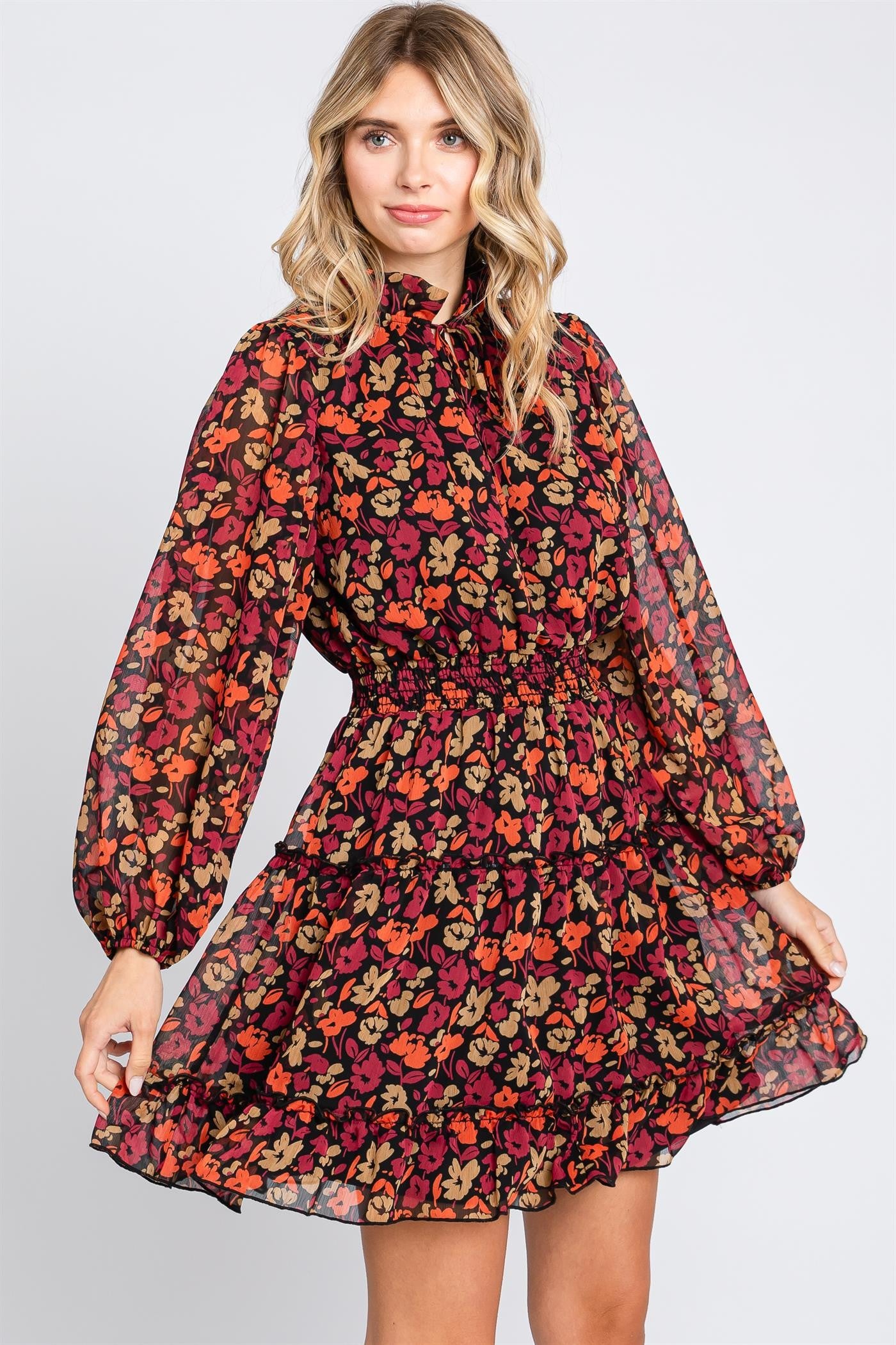 Floral print tiered long-sleeve dress with mock neck, smocked waistline, and ruffle trim