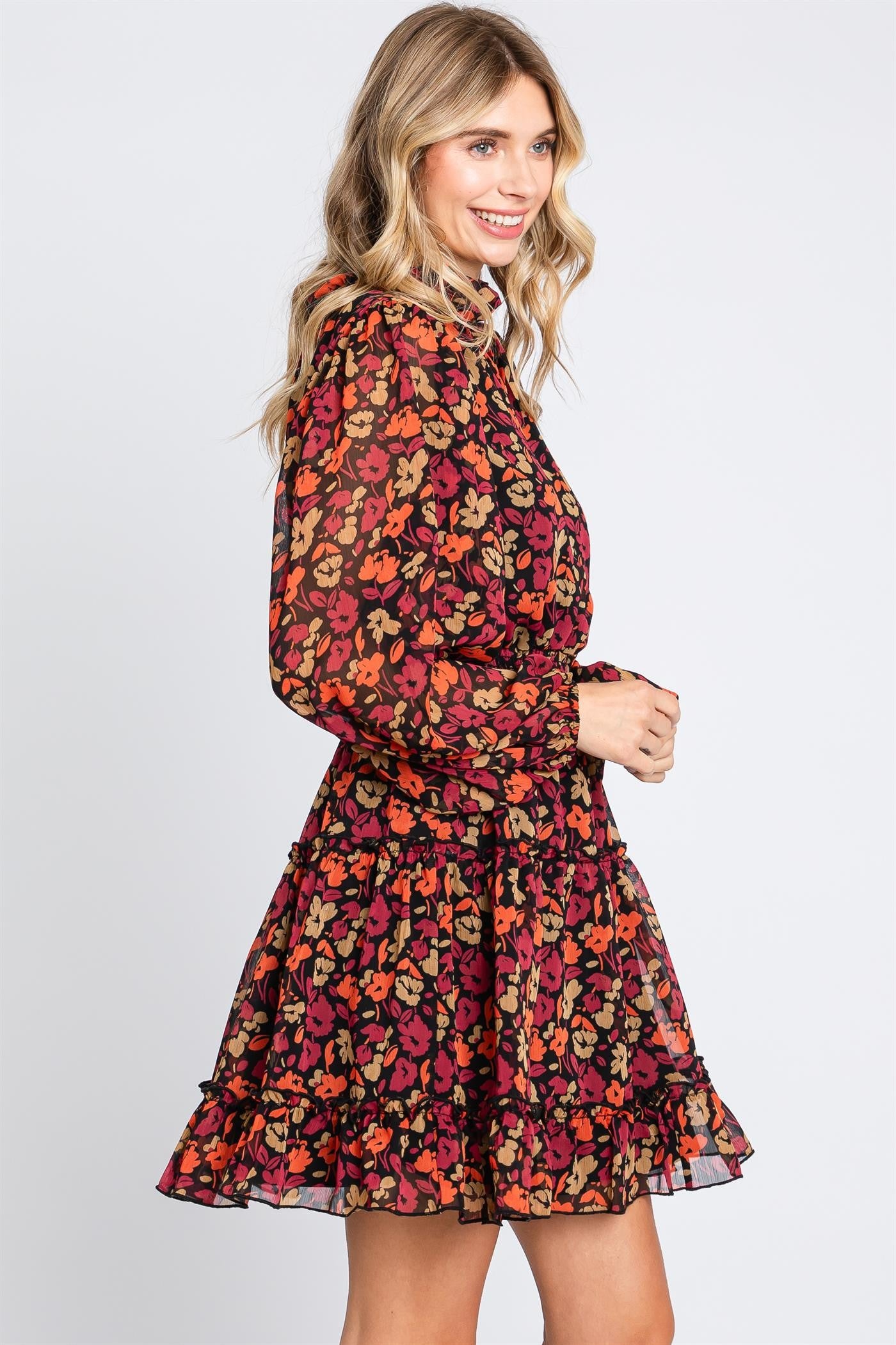 Floral print tiered long-sleeve dress with mock neck, smocked waistline, and ruffle trim