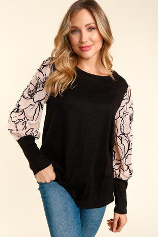 Floral Velvet Burnout Print Mesh Color Block Puff Bubble Blouse - Black