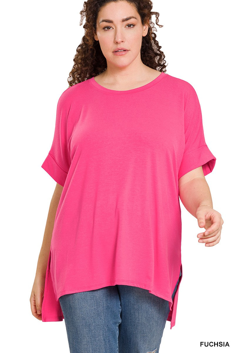 Rolled High Low Sleeve Short Sleeve Top