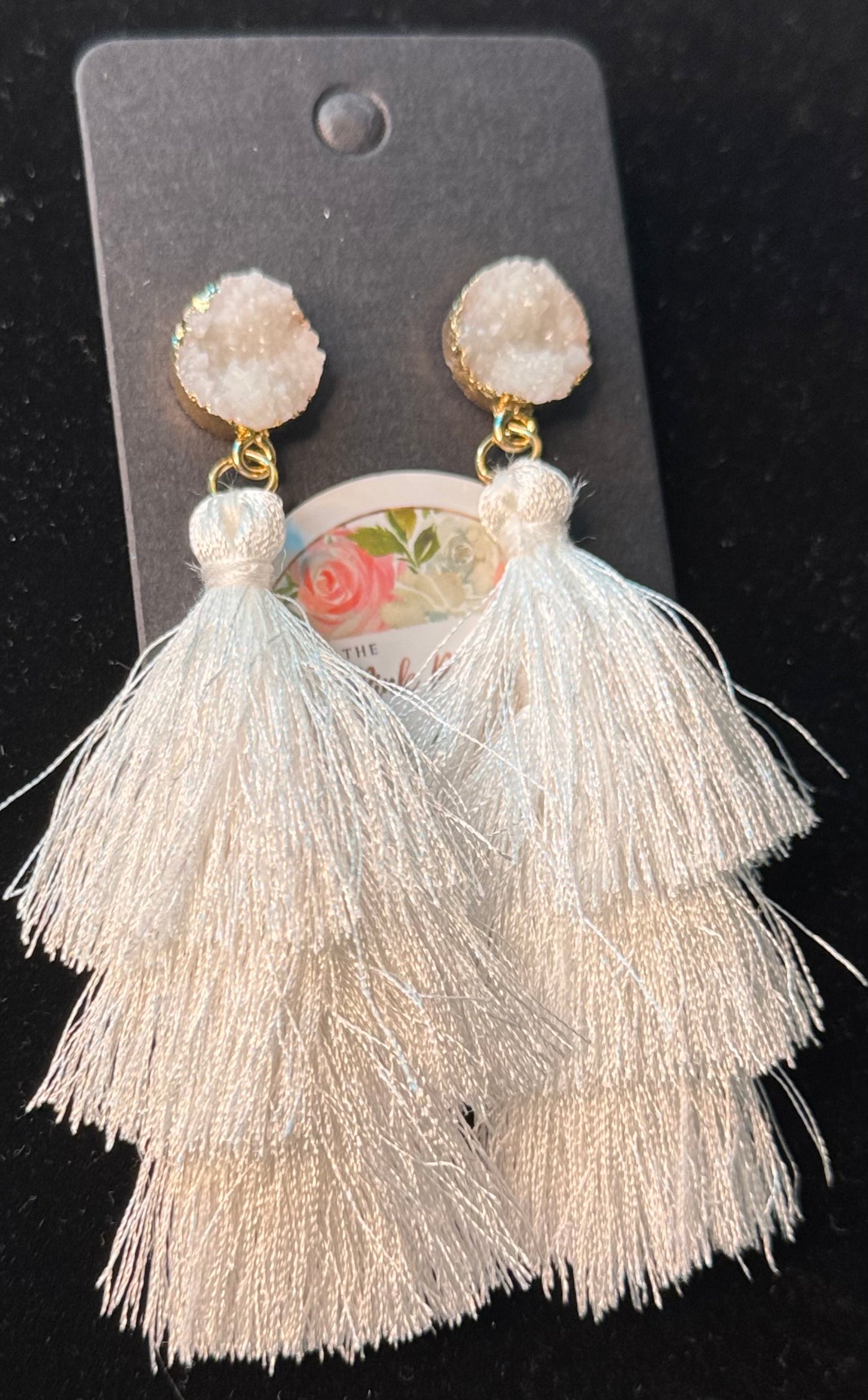 White Stone Tassel Earrings