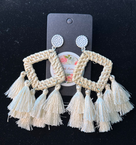 Square Woven & Tassel Cream Earrings