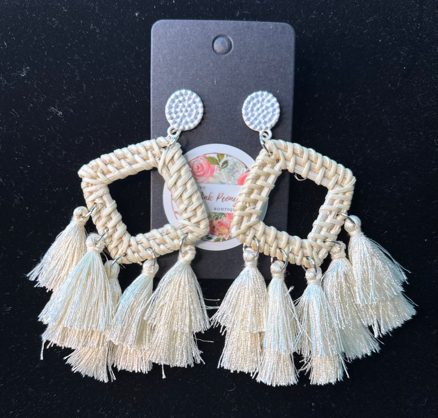 Square Woven & Tassel Cream Earrings