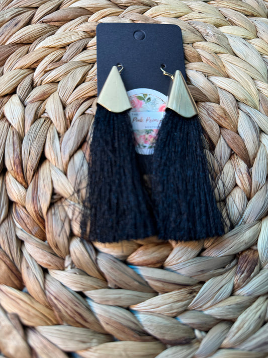 Long Black & Gold Tassel Earrings