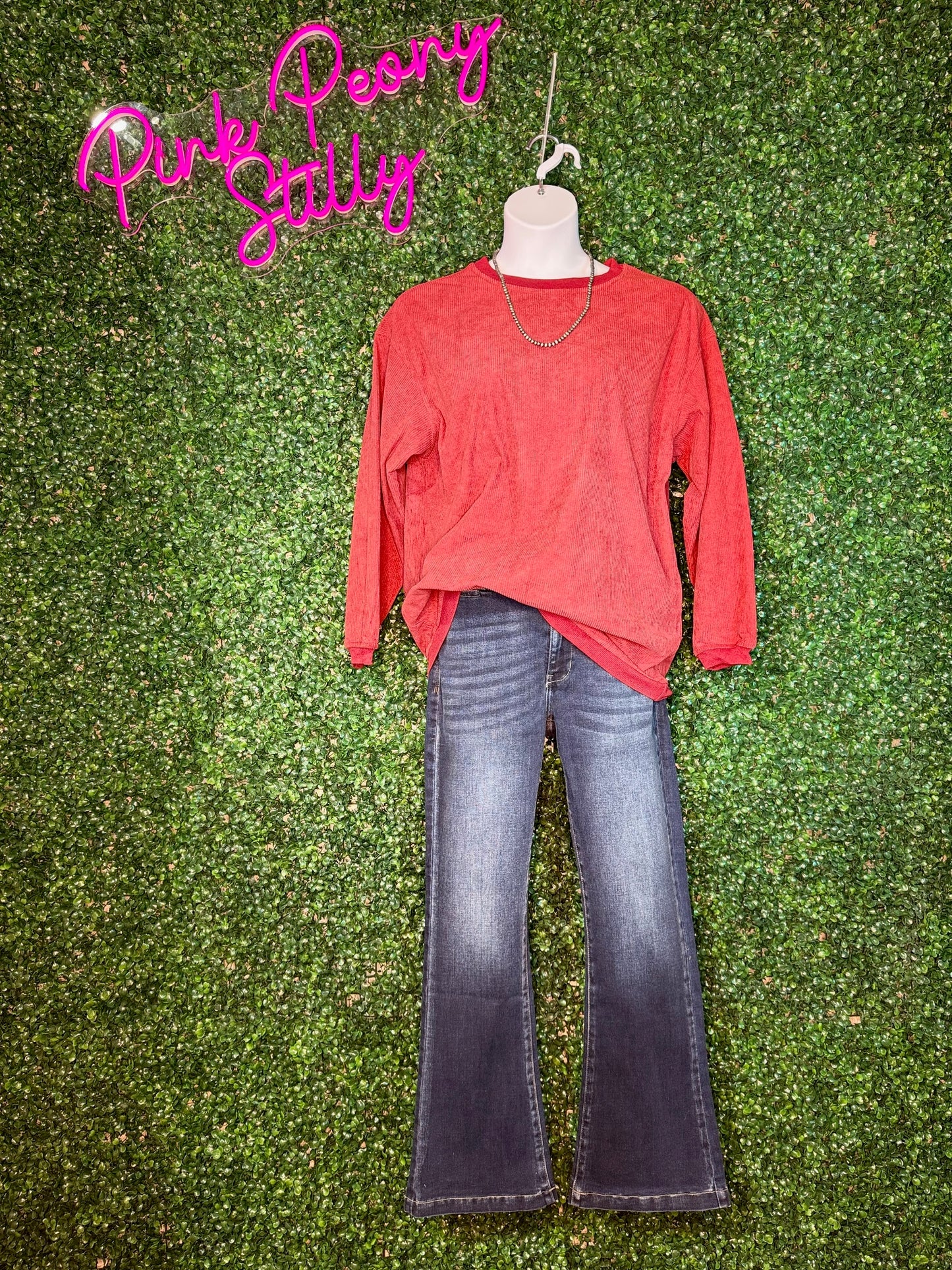 Ribbed Corded Oversized Pullover - Brick Red