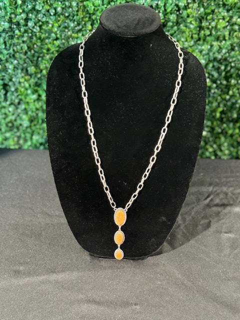 Large Chain Link Necklace with Tapered Oval Orange Stones