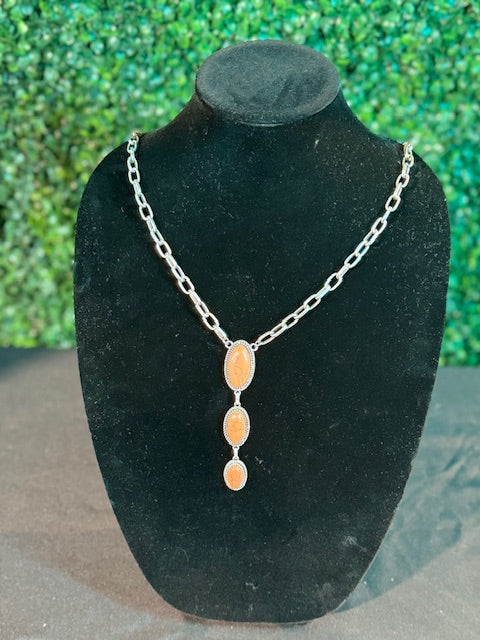 Large Chain Link Necklace with Tapered Oval Orange Stones