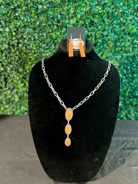 Large Chain Link Necklace with Tapered Oval Orange Stones