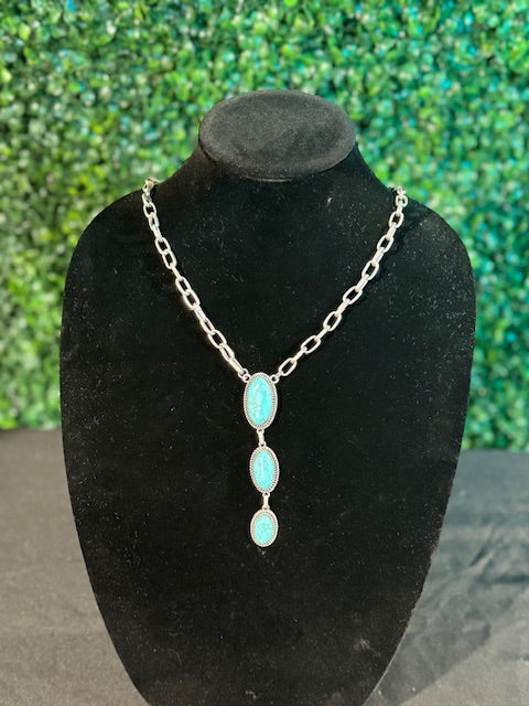 Large Chain Link Necklace with Tapered Oval Turquoise Stones