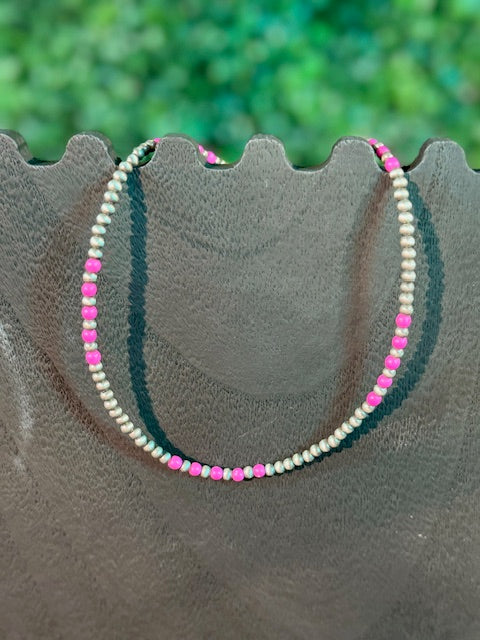 Faux Navajo Beaded necklace with Round Hot Pink Beads