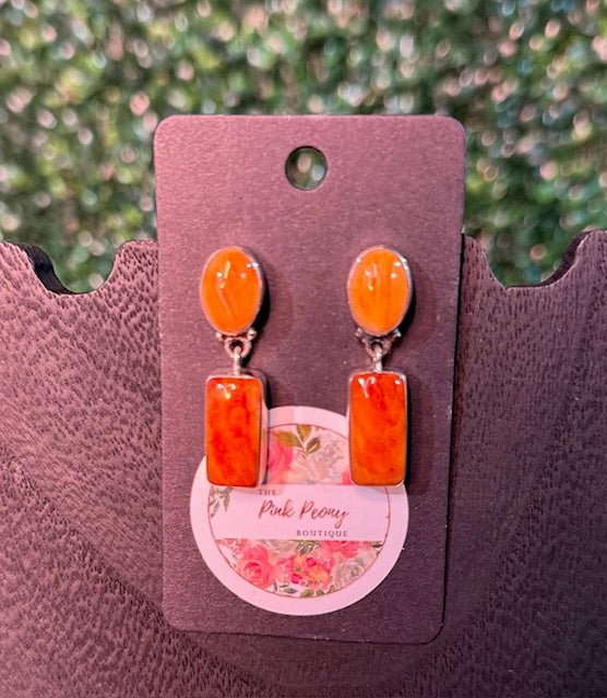 Orange Dangle Oval & Rectangle Sterling Silver Earrings 1 1/2" - Authentic Stone