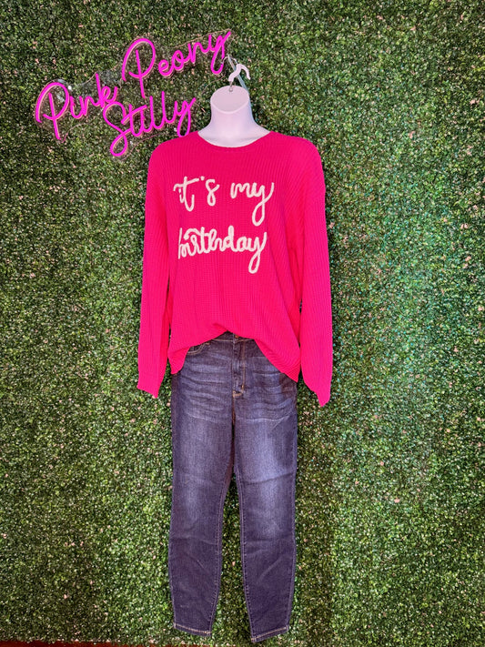 It's My Birthday- Embroidery Pop Up Letter Oversized Pullover Sweater - Hot Pink