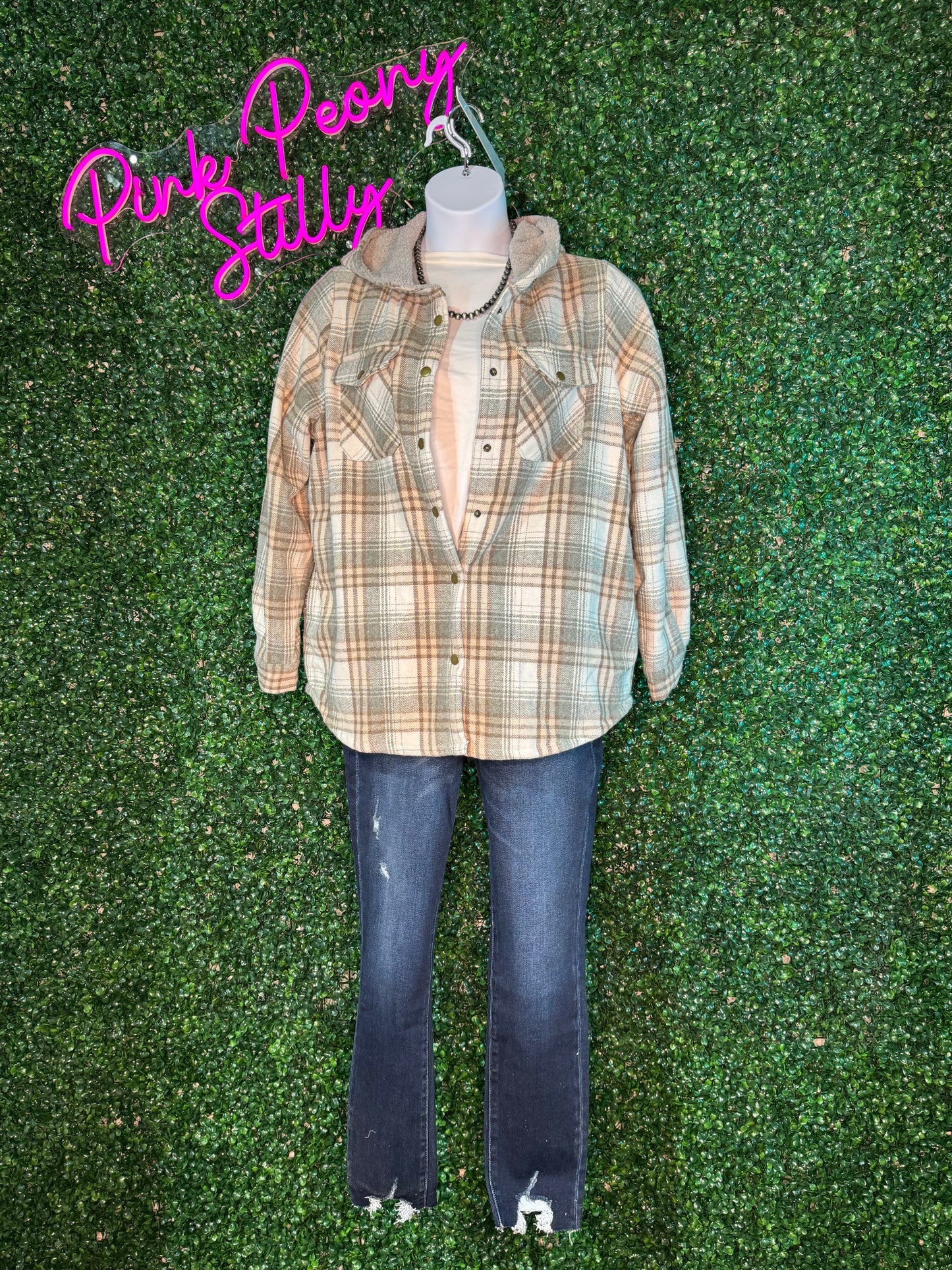 Grey Plaid Sherpa Lined Hoodie Shacket With Hood