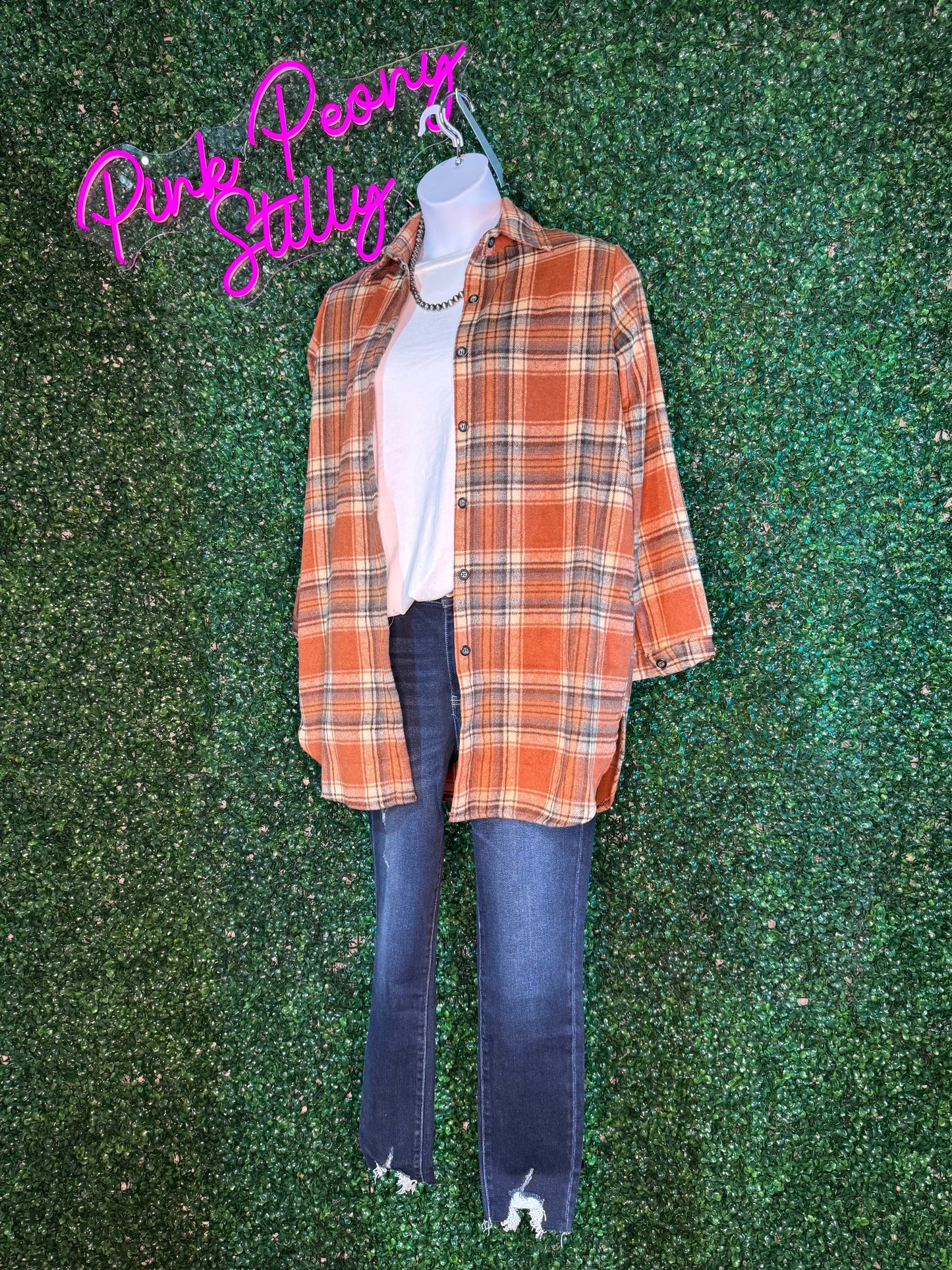 Rust Long Down Flannel Shacket