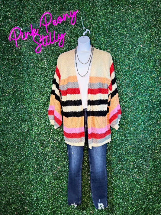 Textured Sweater Cardigan Multi Color Stripe