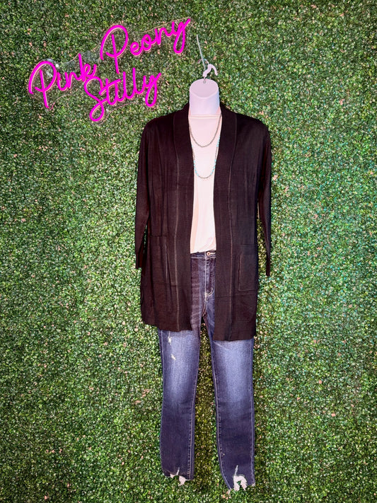 Black Long Open Front Cardigan