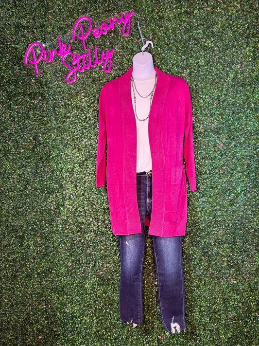 Magenta Long Open Front Cardigan