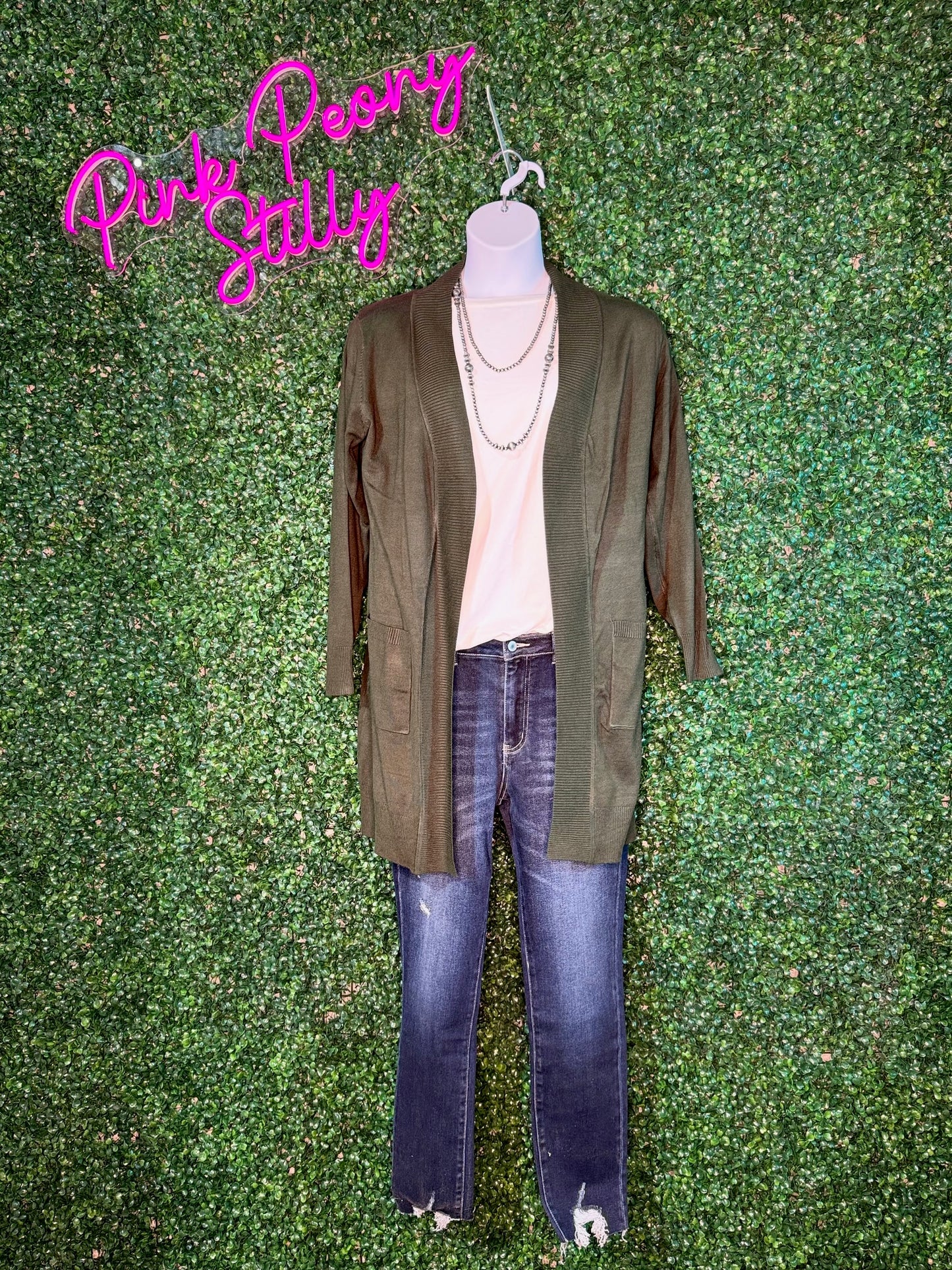 Olive Long Open Front Cardigan