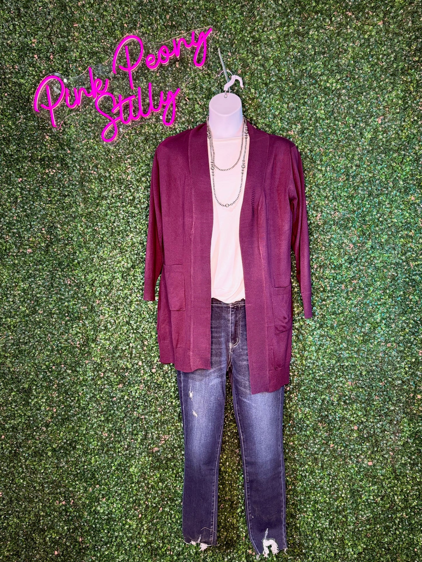 Plum Long Open Front Cardigan