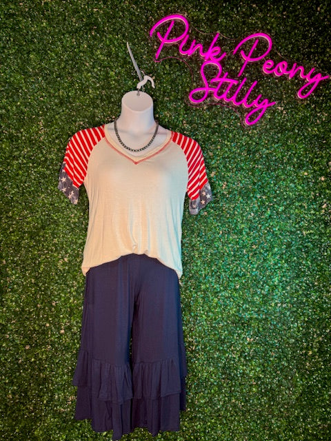 White V Neck T with Stripes and Star Ruffle Sleeve