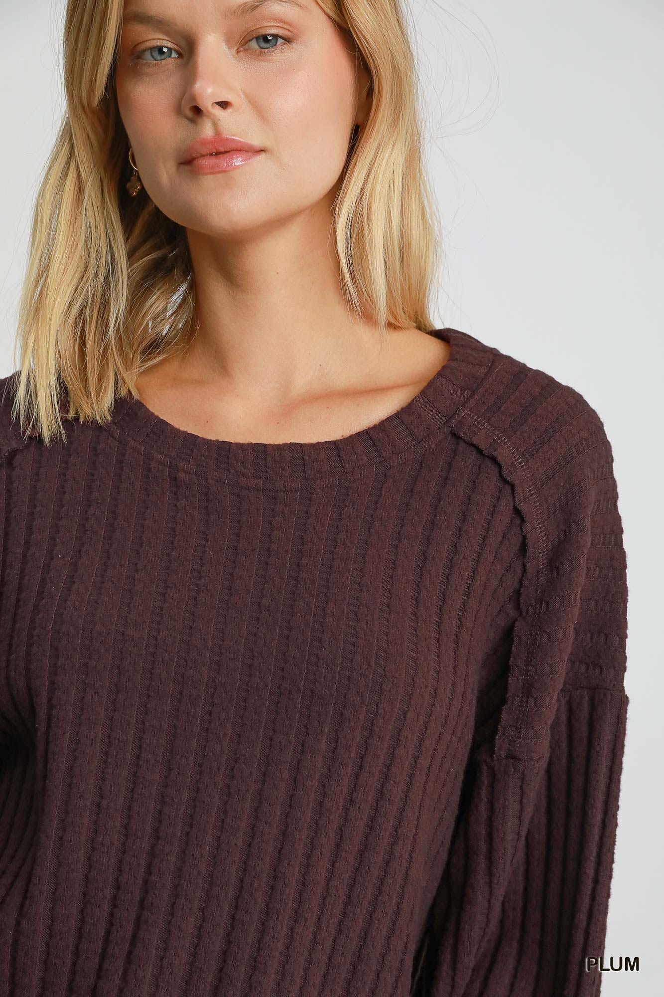 Plum Long Sleeve Brushed Wide Rib Knit Top - UMGEE