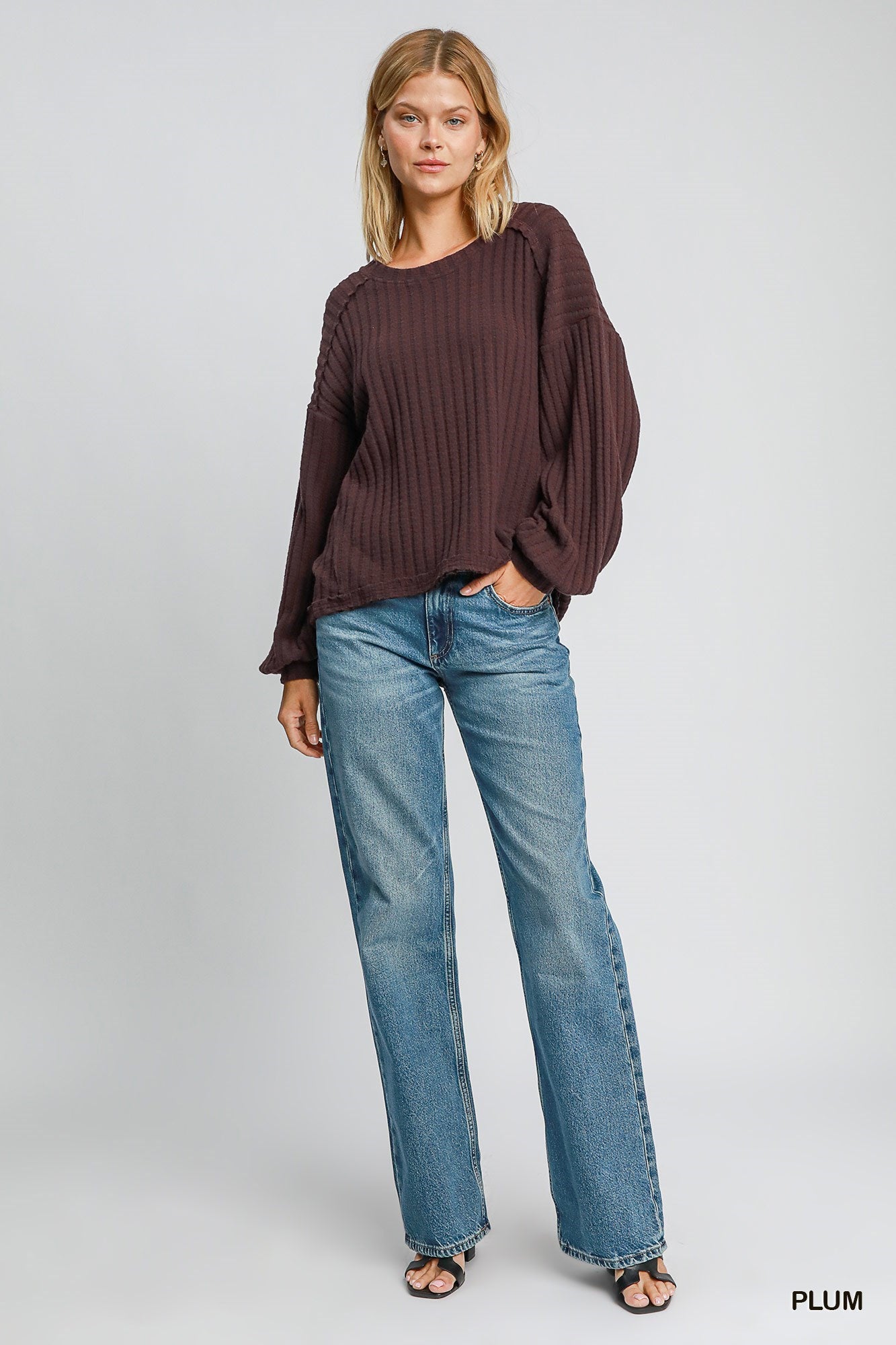 Plum Long Sleeve Brushed Wide Rib Knit Top - UMGEE