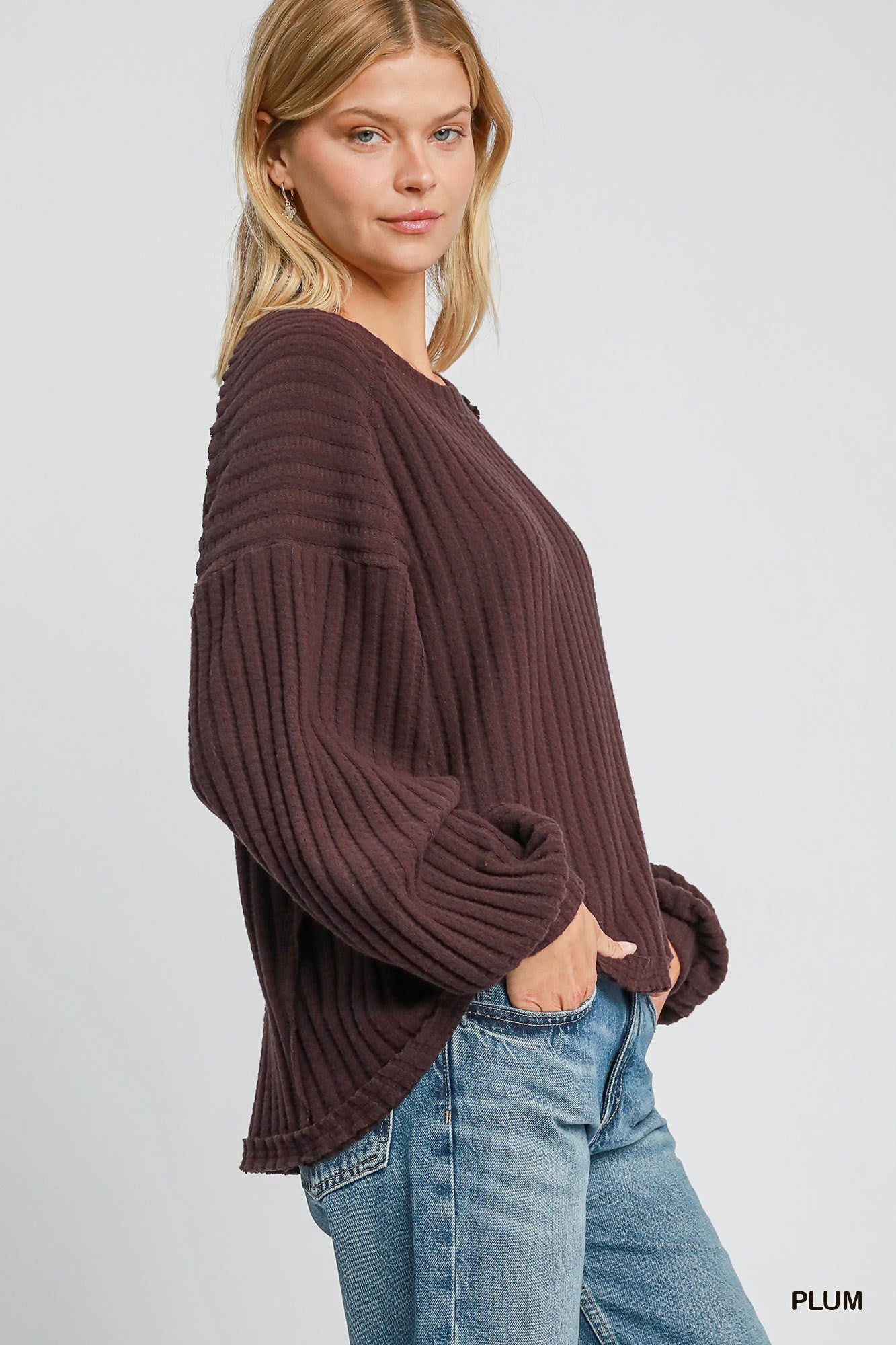 Plum Long Sleeve Brushed Wide Rib Knit Top - UMGEE