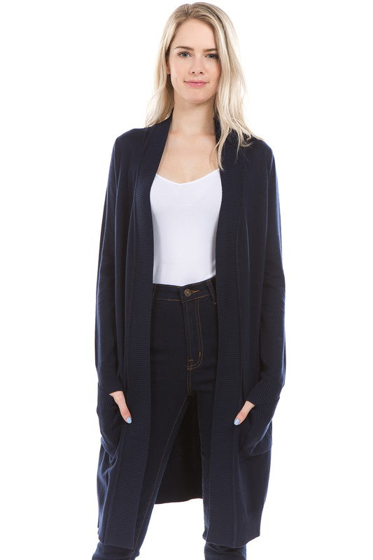 Navy Long Open Front Cardigan