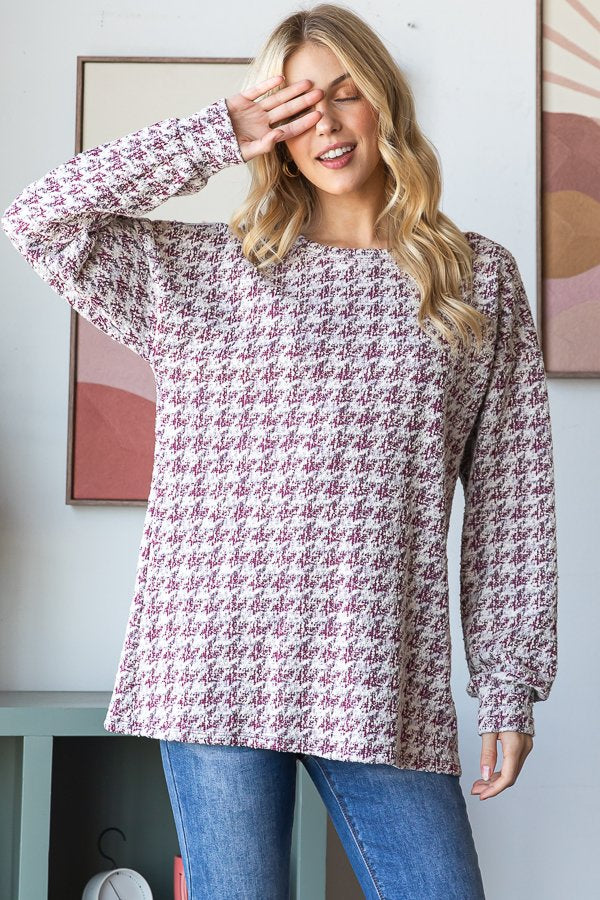 Houndstooth Tweed Burgundy Long Puff Sleeve