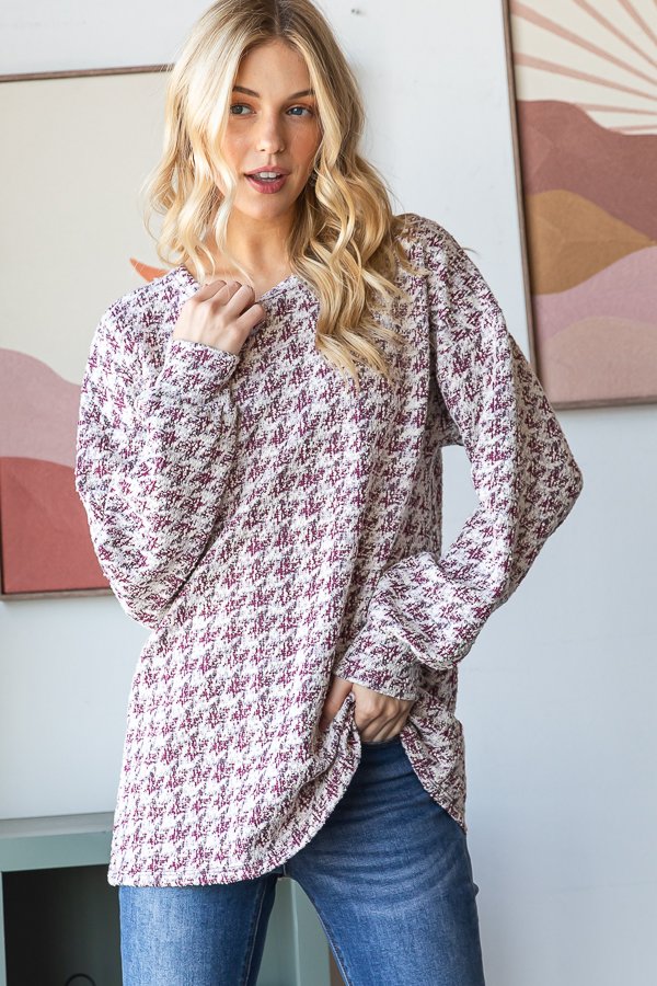 Houndstooth Tweed Burgundy Long Puff Sleeve