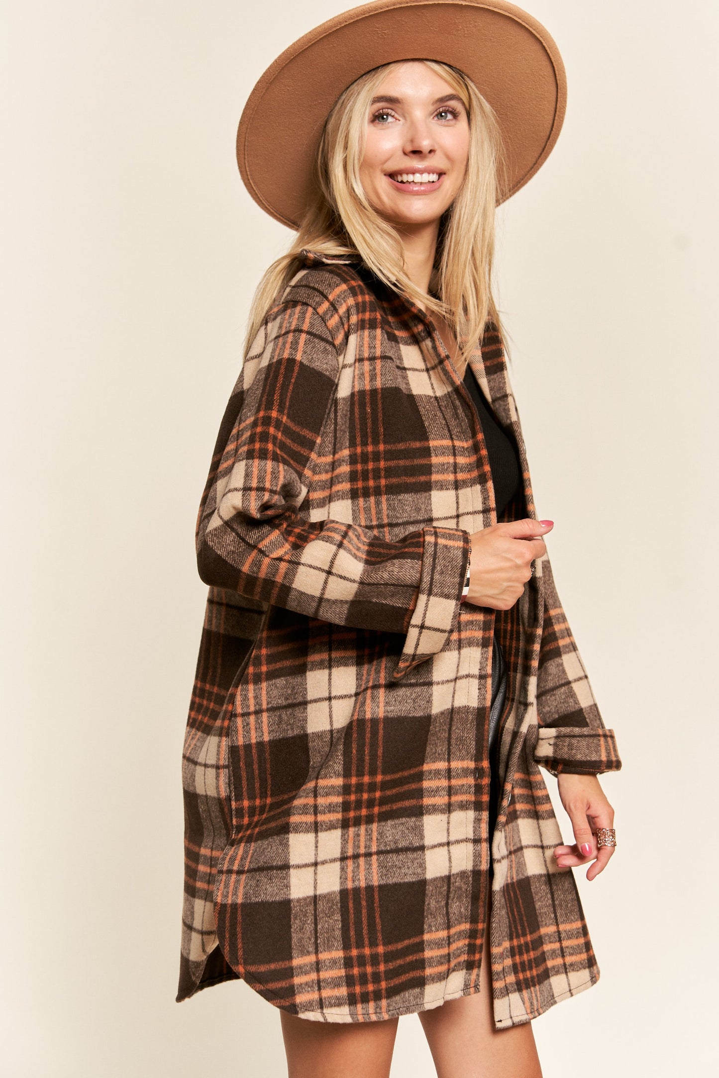 Buffalo Plaid Long Flannel Shirt Jacket - Brown & Apricot