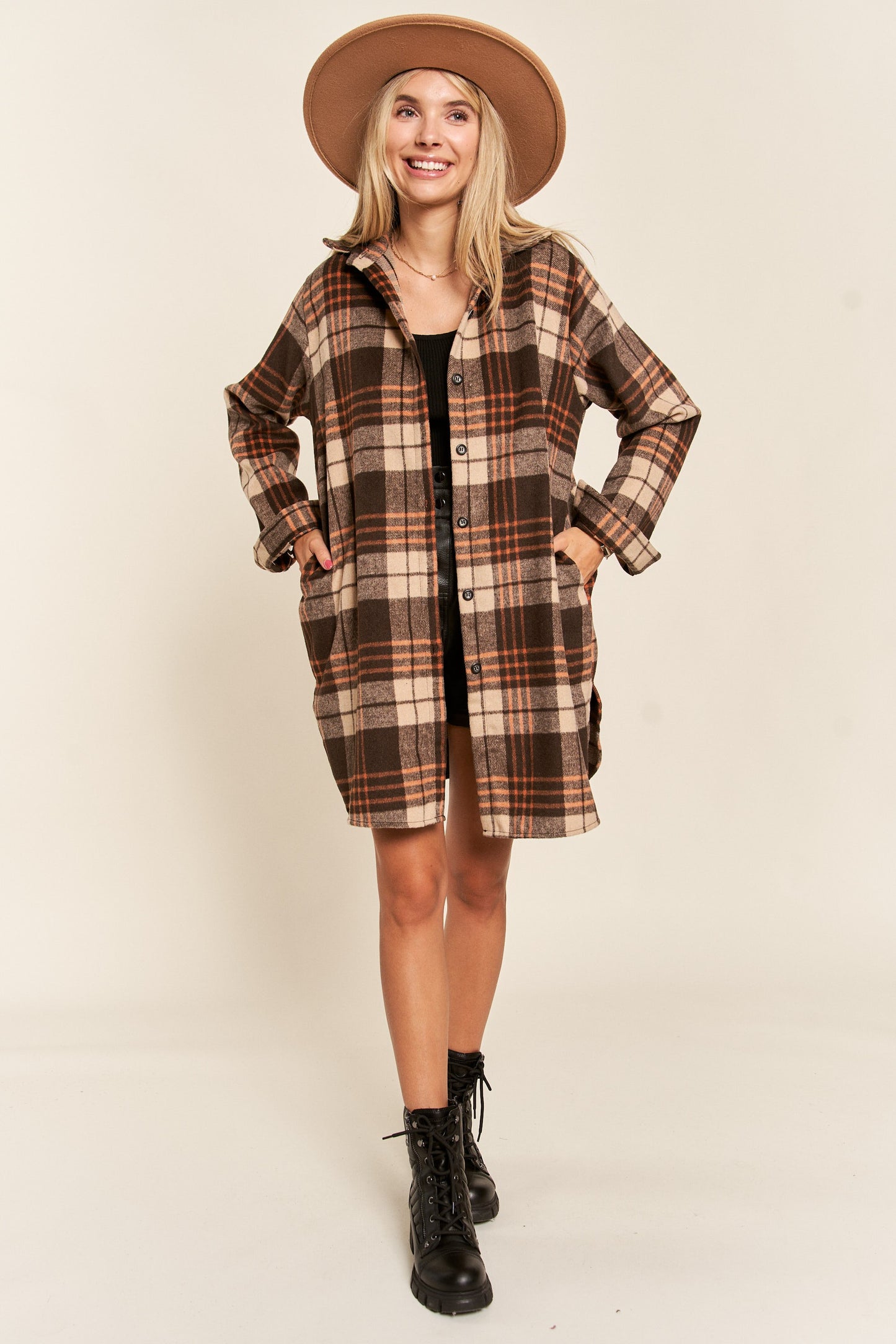 Buffalo Plaid Long Flannel Shirt Jacket - Brown & Apricot