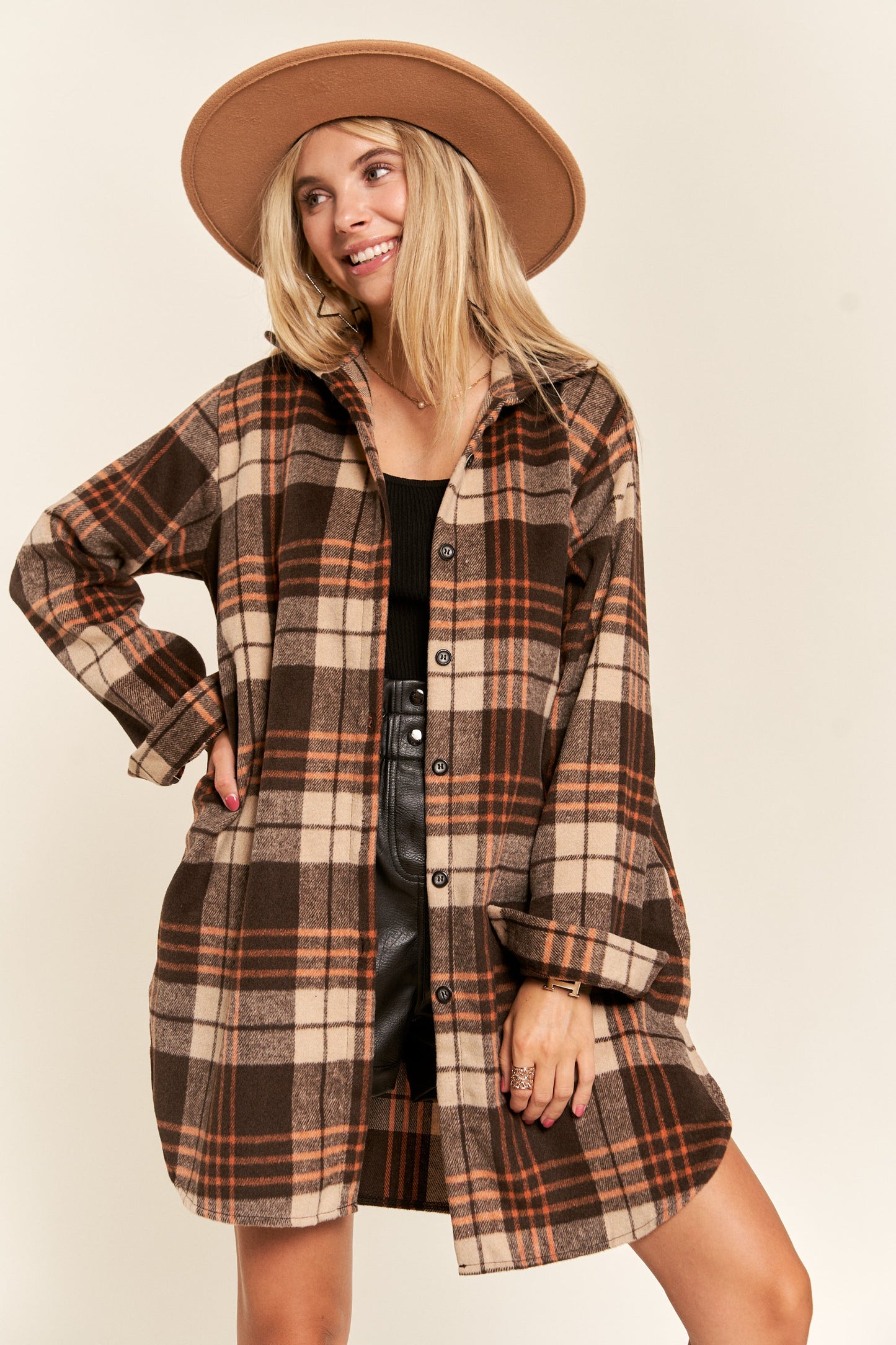 Buffalo Plaid Long Flannel Shirt Jacket - Brown & Apricot