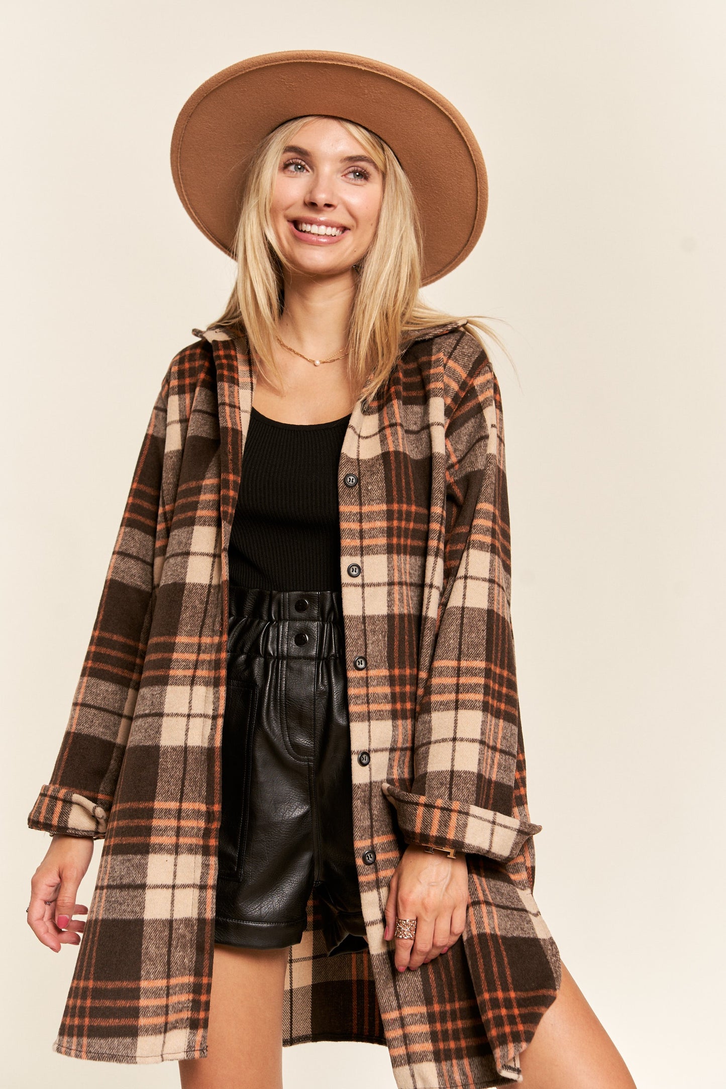 Buffalo Plaid Long Flannel Shirt Jacket - Brown & Apricot