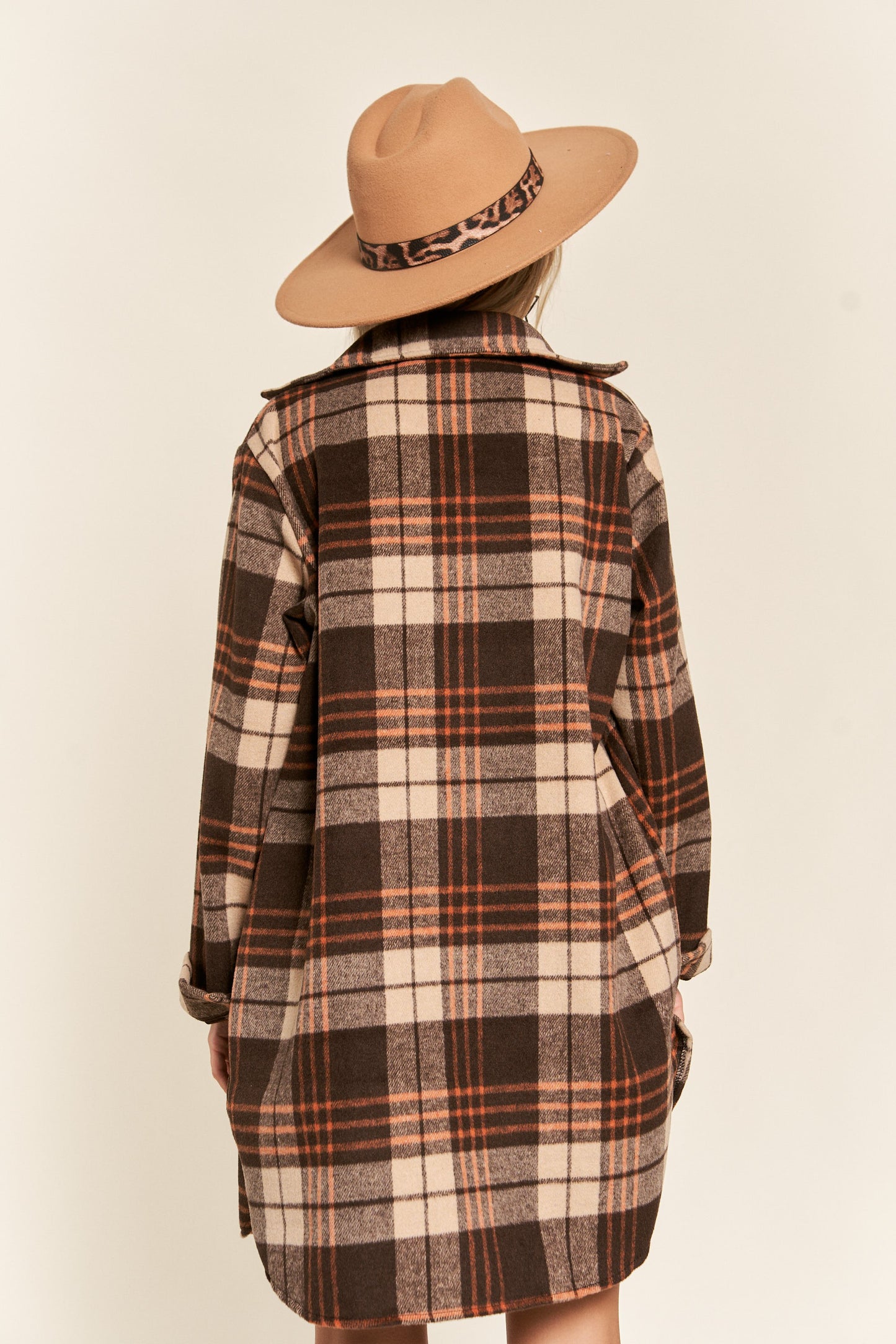 Buffalo Plaid Long Flannel Shirt Jacket - Brown & Apricot