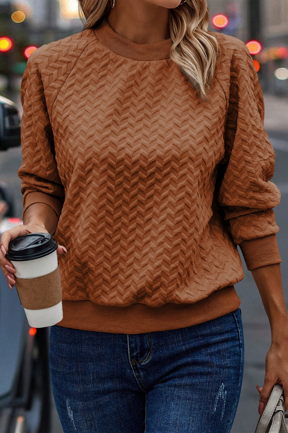 Chevron Solid Textured Raglan Sleeve Pullover Sweatshirt - Rust - Burnt Orange