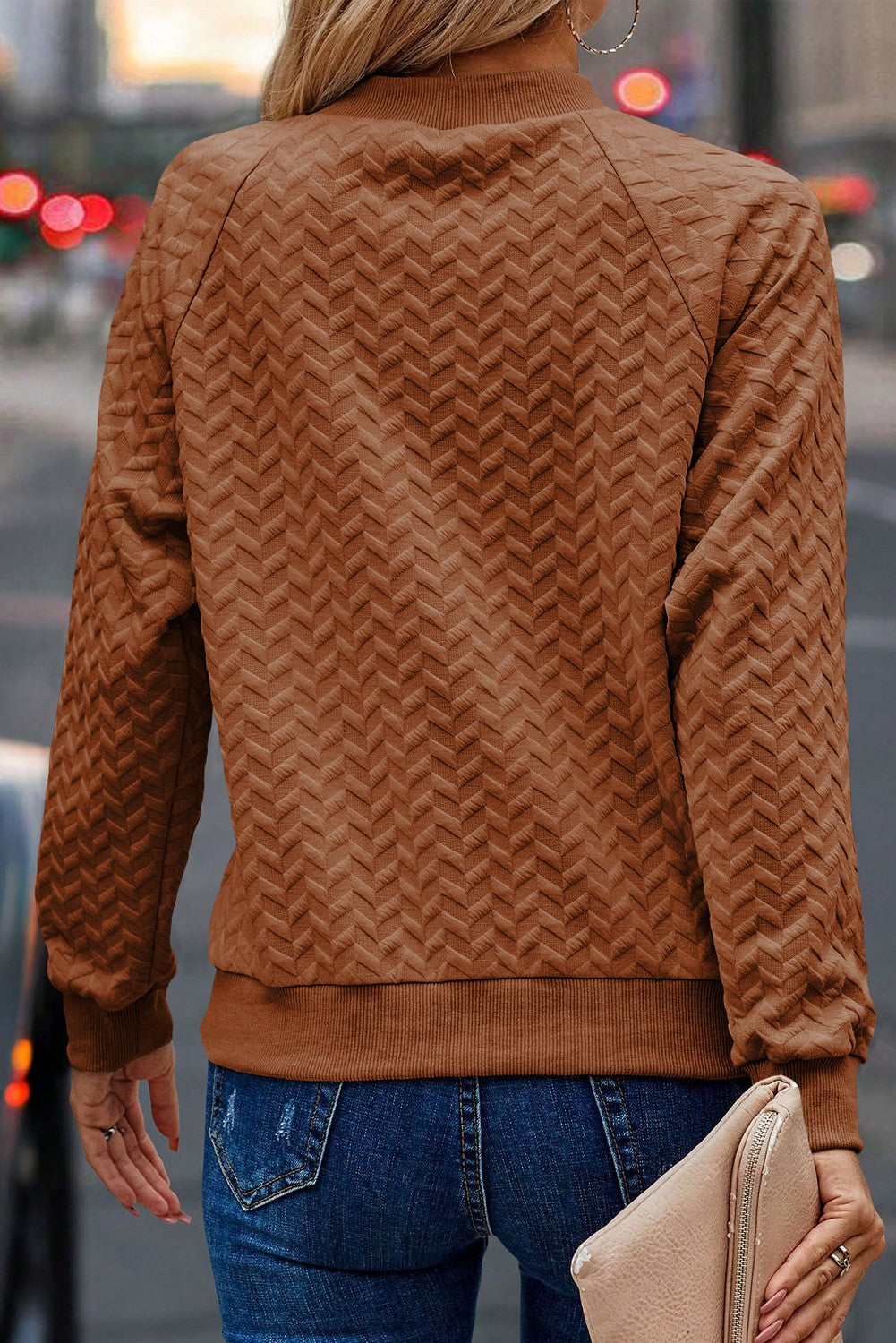 Chevron Solid Textured Raglan Sleeve Pullover Sweatshirt - Rust - Burnt Orange