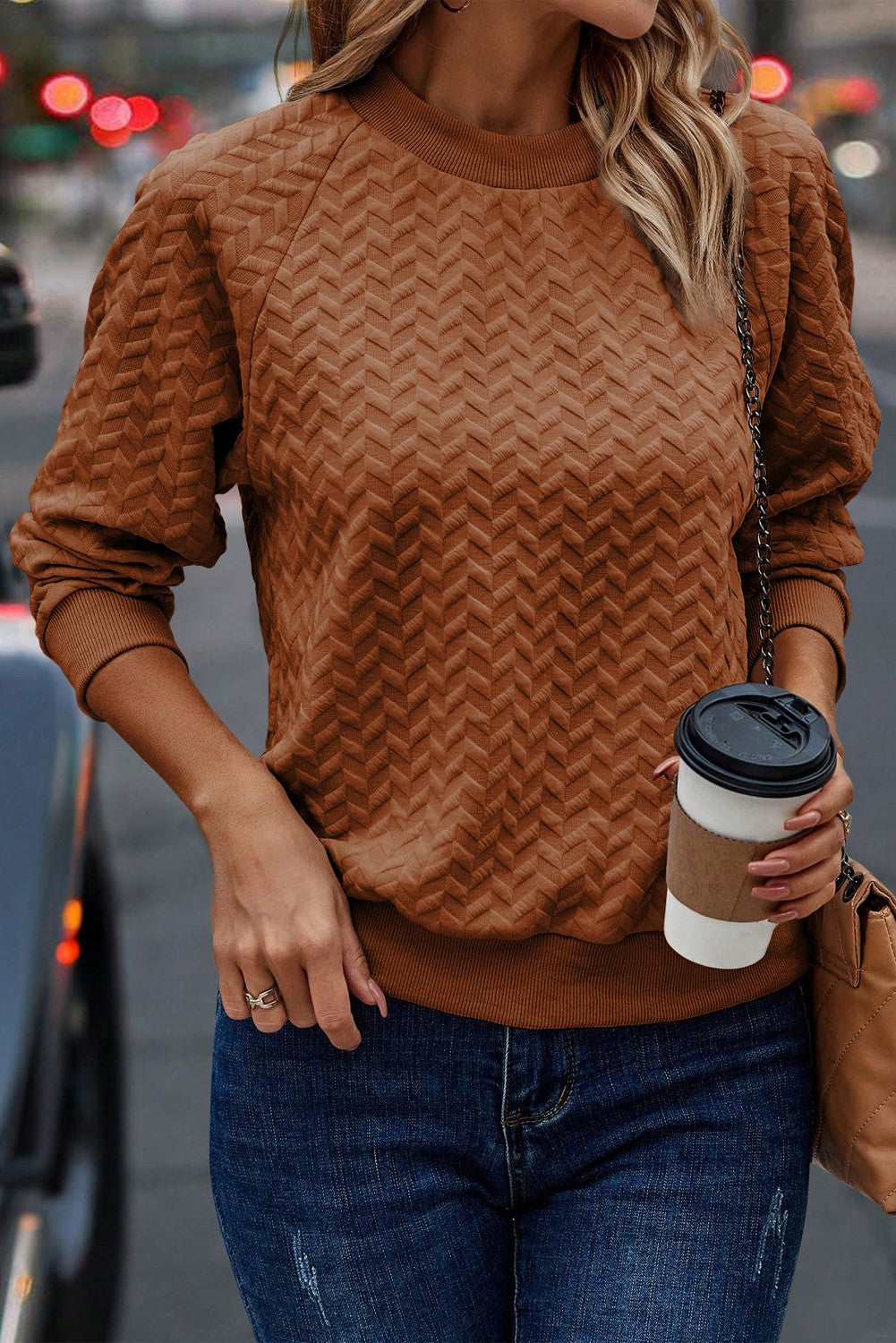 Chevron Solid Textured Raglan Sleeve Pullover Sweatshirt - Rust - Burnt Orange