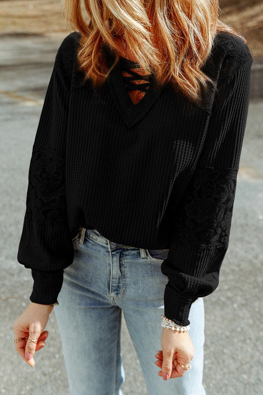 Patchwork Strappy V Neck Long Sleeve Top - Black