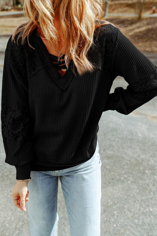 Patchwork Strappy V Neck Long Sleeve Top - Black