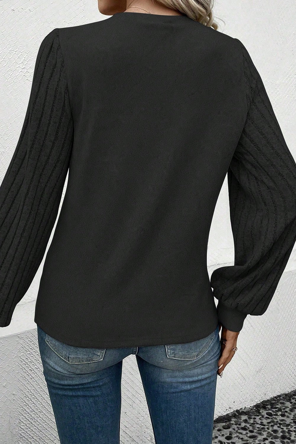 Ribbed Bishop Sleeve Top Black