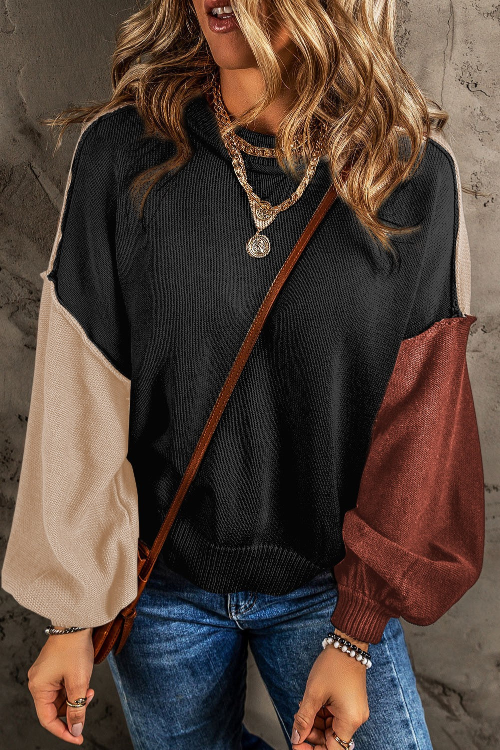 Patchwork Colorblock Puff Sleeve Sweater - Black