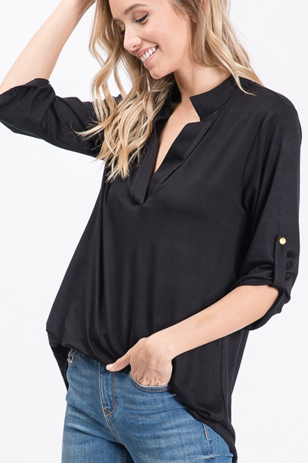 Solid V Neck 3/4 Sleeve Blouse