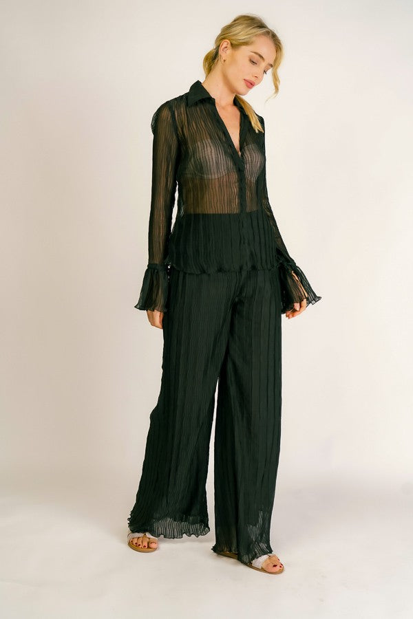 Wide Leg Pleated Texture Pants