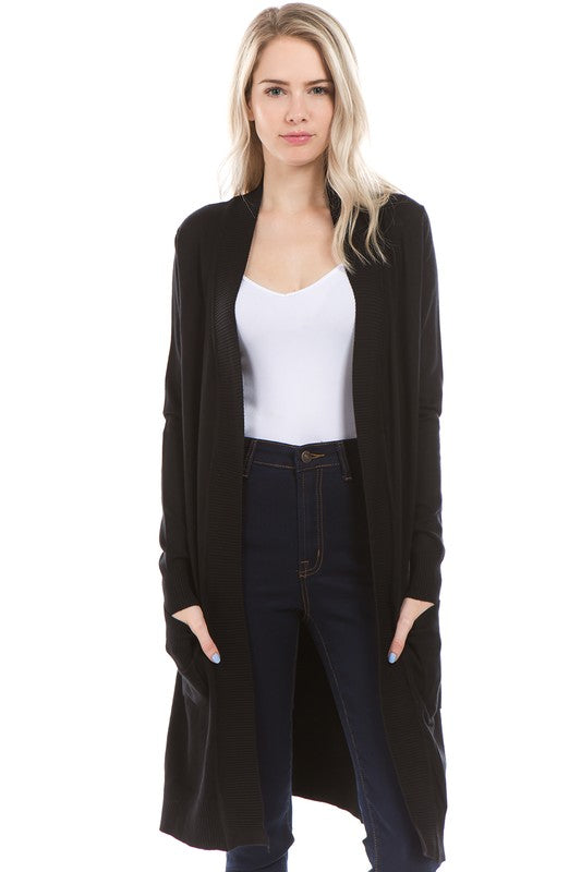 Black Long Open Front Cardigan