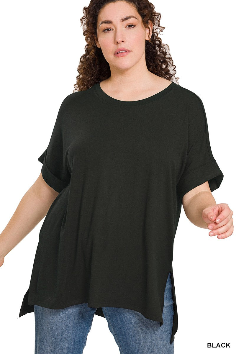 Rolled High Low Sleeve Short Sleeve Top