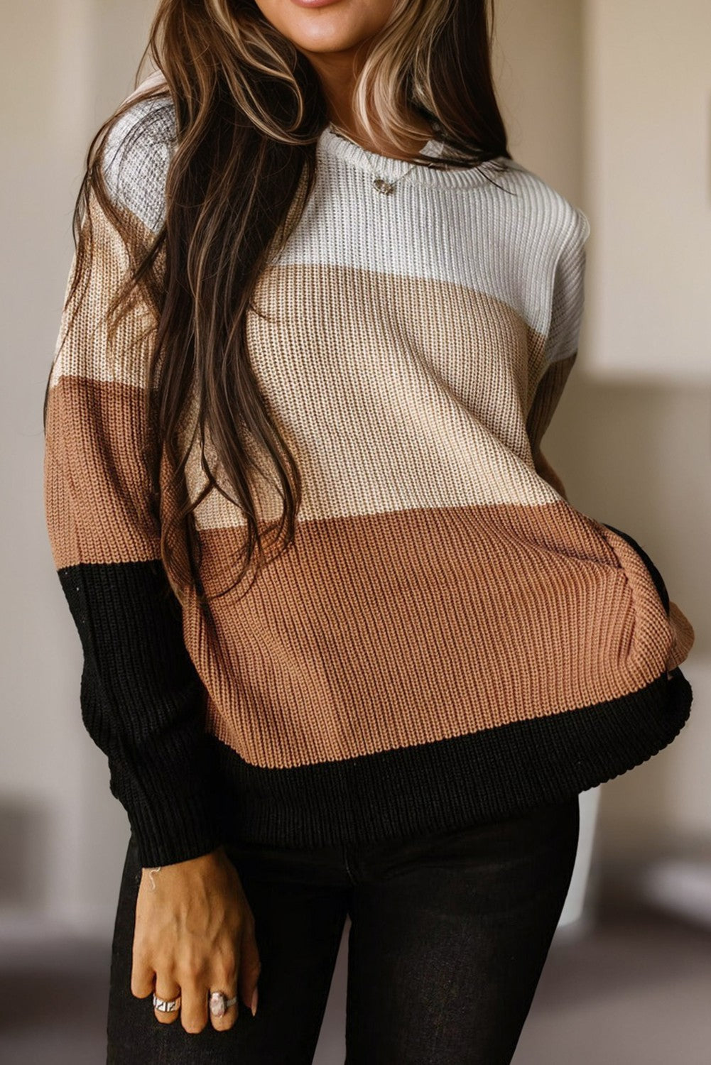 Chestnut Color Block Knitted Pullover Sweater - Black