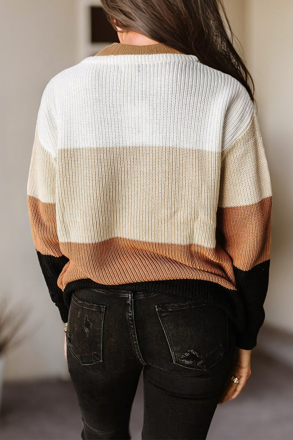 Chestnut Color Block Knitted Pullover Sweater - Black