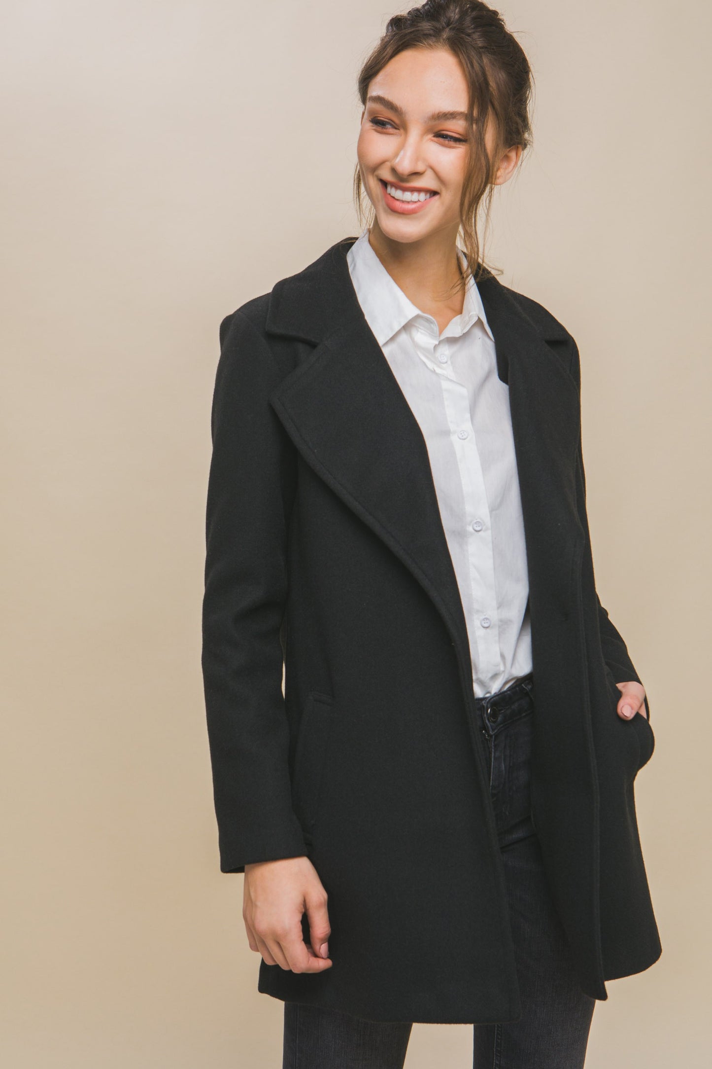 Fleece Single Breasted Coat - Black